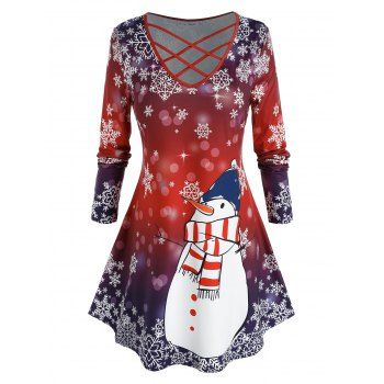 

Plus Size Christmas Snowflake Snowman Lattice Long Sleeve Tee, Red