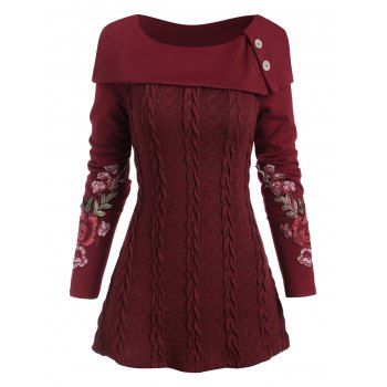 

Off Shoulder Foldover Flower Applique Sweater, Deep red