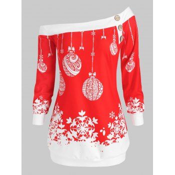

Plus Size Skew Neck Christmas Snowflake Ball Print Sweatshirt, Red