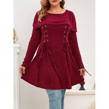 

Plus Size Lace Up Foldover Knitwear, Deep red