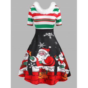 

Christmas Santa Claus Snowflake Striped Faux Fur Insert Dress, Multicolor