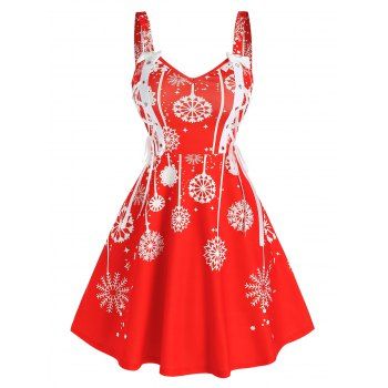

Christmas Snowflake Print Sleeveless Lace-up Dress, Red