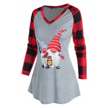 

Christmas Plaid Santa Claus Print Raglan Sleeve T Shirt, Gray