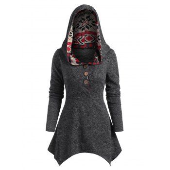 

Christmas Elk Plaid Hooded Button Placket Handkerchief Knitwear, Gray