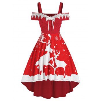 

Christmas Elk Print Cold Shoulder High Low Dress, Red