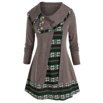 

Plus Size Snowflake Pattern Foldover Long Sleeve Tunic Tee, Multicolor a