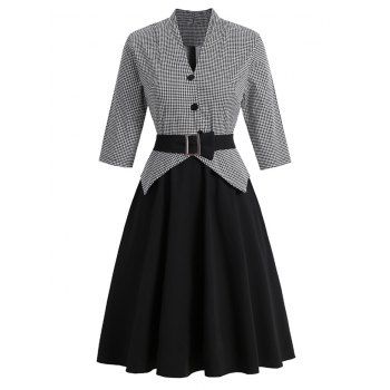 Image of Houndstooth Belted Mock Button Peplum Dress