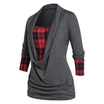 

Plus Size Plaid Cowl Front Draped Long Sleeve Tee, Carbon gray