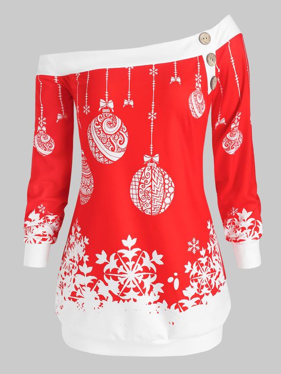 Sweat-shirt à Imprimé Boule de Noël à Épaule Nue Grande Taille - Rouge 2X