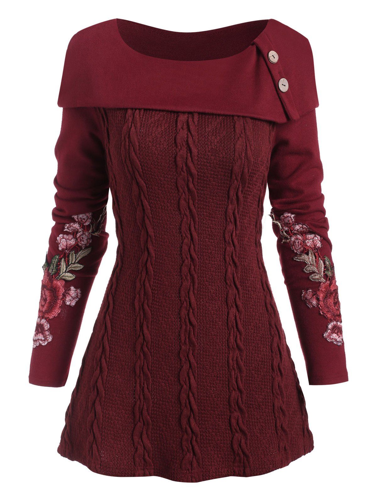 Off Shoulder Foldover Flower Applique Sweater - DEEP RED S