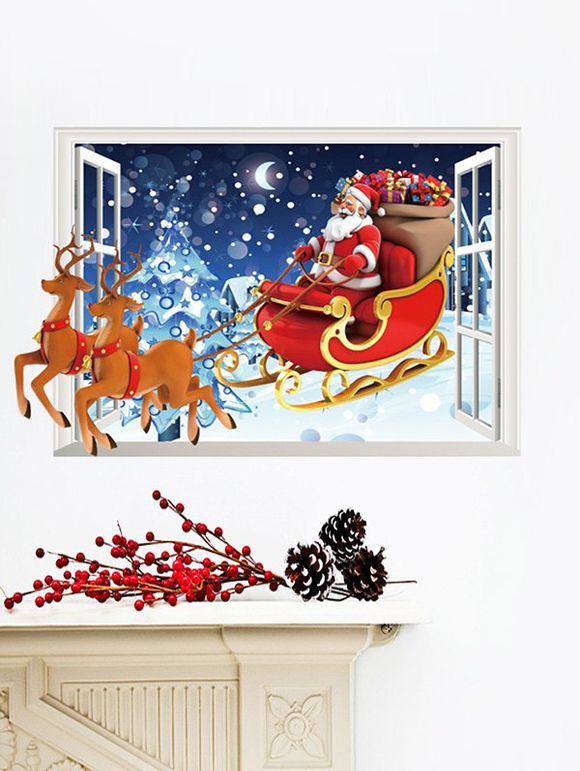 Autocollant Mural Amovible 3D Imprimé Élan et Père Noël - multicolor A 50X70