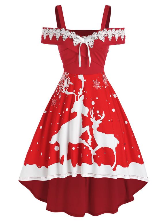 Robe de Noël Haute Basse avec Imprimé Cerf de Noël à Epaule Dénudée - Rouge 3XL