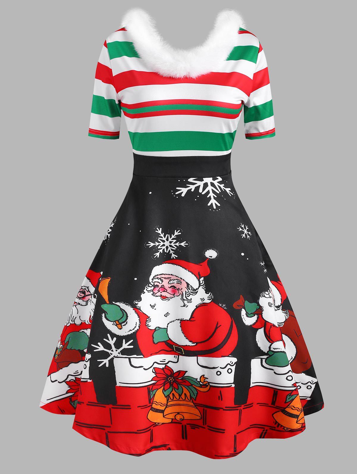Christmas Santa Claus Snowflake Striped Faux Fur Insert Dress - multicolor M