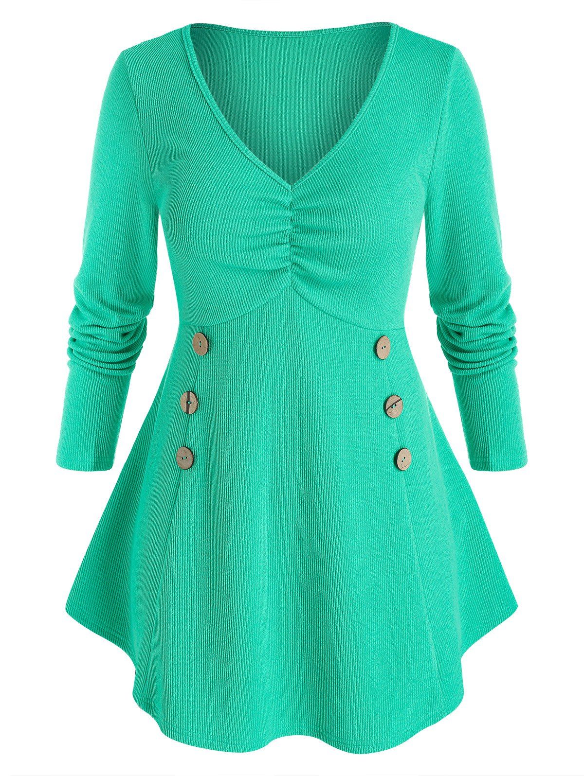 Plus Size V Neck Buttoned Round Hem Sweater - LIGHT GREEN 5X