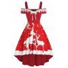 Robe de Noël Haute Basse avec Imprimé Cerf de Noël à Epaule Dénudée - Rouge 2XL