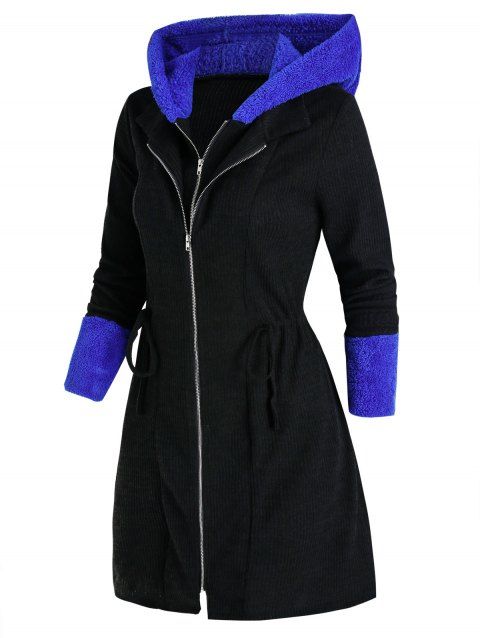 Contrast Faux Fur Panel Drawstring Knitted Coat
