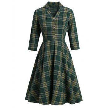 

Plaid V Notched Mock Button Midi Dress, Deep green