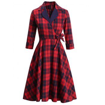 

Plaid Lapel Rolled Sleeve Surplice Bowknot Dress, Red