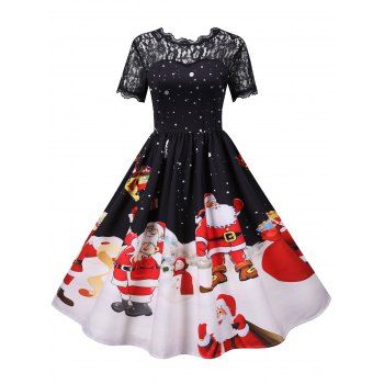 

Christmas Santa Claus Polka Dot Lace Yoke Dress, Black