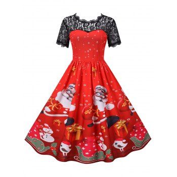 

Christmas Santa Claus Snowflake Elk Lace Yoke Dress, Red