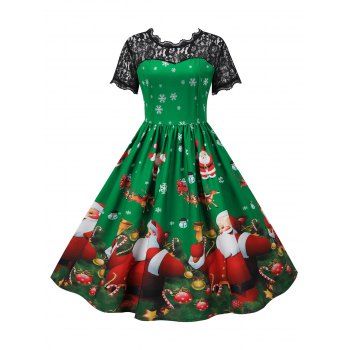 

Christmas Santa Claus Snowflake Elk Lace Yoke Dress, Deep green