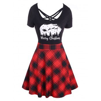 

Merry Christmas Elk Santa Claus Plaid Criss Cross Dress, Red