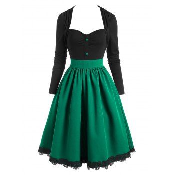 

Vintage Contrast Bicolor Guipure Lace Hem Colorblock A Line Dress, Deep green