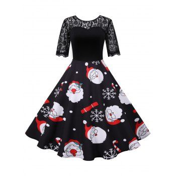 

Christmas Santa Claus Snowflake Lace Insert Half Sleeve Dress, Multicolor a