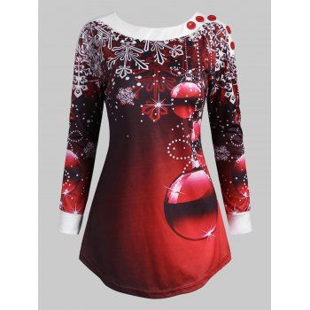 

Christmas Ball Snowflake Boat Neck Mock Button T Shirt, Red
