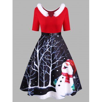 

Christmas Snowman Faux Fur Insert Diamante Belted V Neck Dress, Red