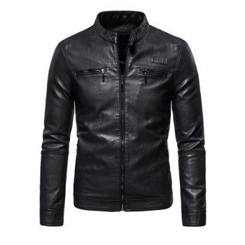 

Zipper Detail Faux Leather Fleece Jacket, Black