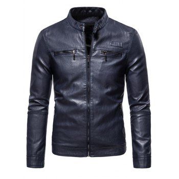 

Zipper Detail Faux Leather Fleece Jacket, Blue gray