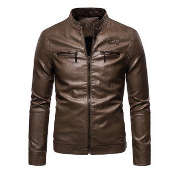 

Zipper Detail Faux Leather Fleece Jacket, Brown