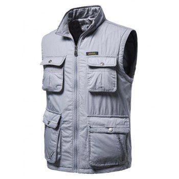 

High Neck Zip Padded Pocket Cargo Waistcoat, Light gray