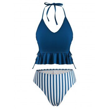 

Stripe Halter Swimsuit Lace-up High Leg Peplum Tankini Swimwear, Deep blue