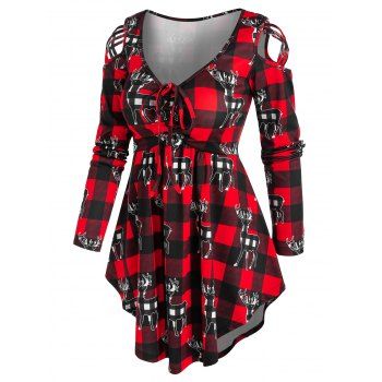 

Christmas Elk Plaid Print Criss-cross Cinched T-shirt, Red
