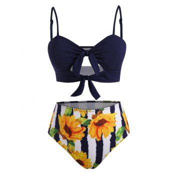 

Knots Sunflower Striped Cutout Ribbed Tankini Swimwear, Deep blue