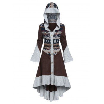 

Hooded Tribal Pattern Skirted High Low Cardigan, Multicolor a