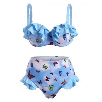 

Tiered Ruffle Butterfly Print Tie Dye Push Up Bikini Swimwear, Light blue