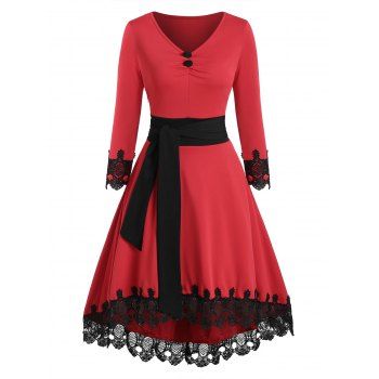 

Guipure Insert Mock Button Belted High Low Dress, Red