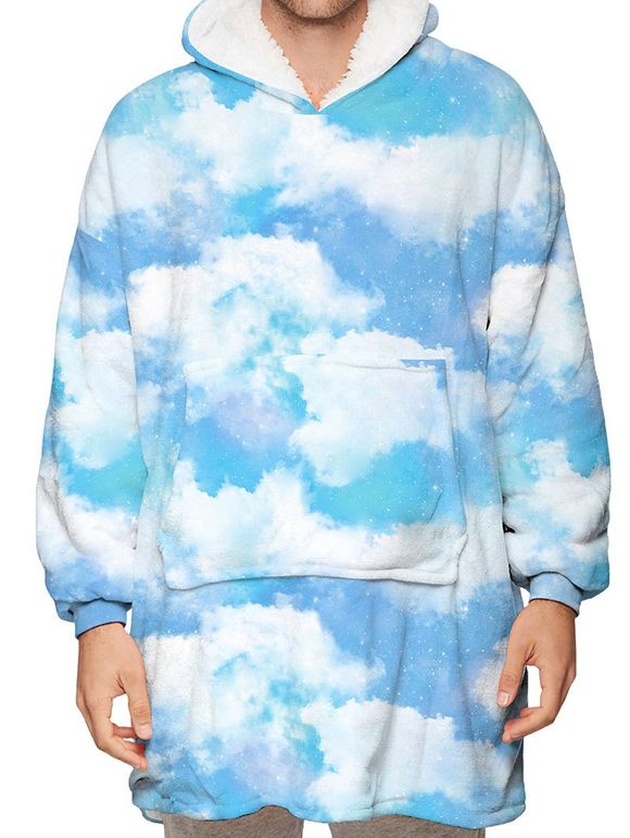 Couverture à Capuche avec Imprimé Nuage avec Poche Kangourou en Laine - Bleu de Ciel ONE SIZE