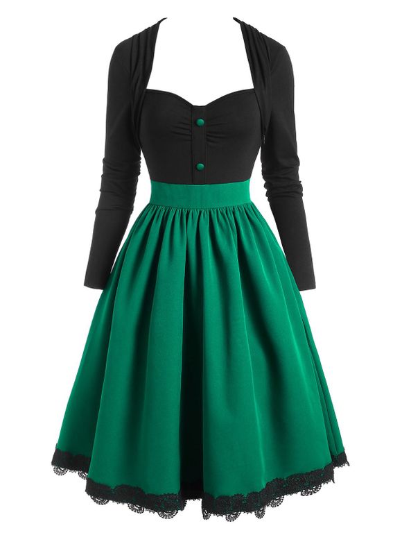 Vintage Contrast Bicolor Guipure Lace Hem Colorblock A Line Dress - DEEP GREEN S