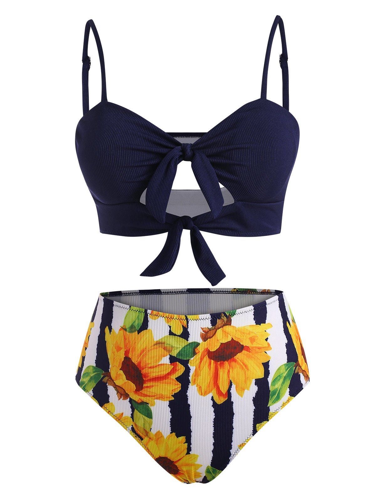 Knots Sunflower Striped Cutout Ribbed Tankini Swimwear - DEEP BLUE S
