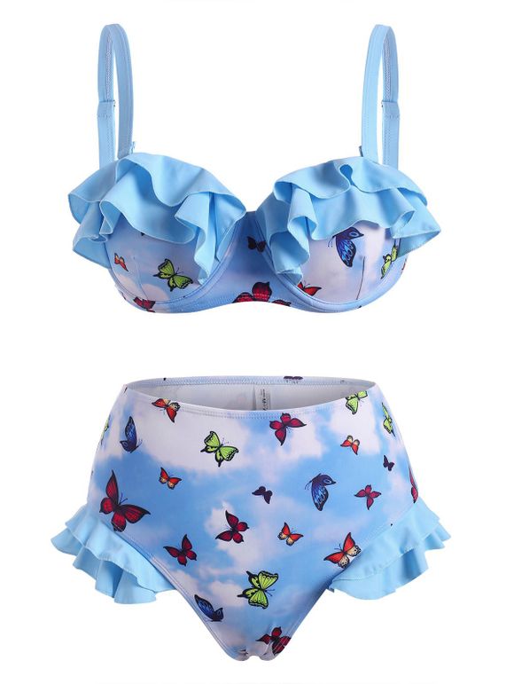 Maillot de Bain Bikini Superposé Teinté à Imprimé Papillon à Volants - Bleu clair L