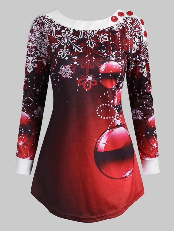 T-shirt de Noël Flocon de Neige Boule à Col Bateau avec Bouton - Rouge XL