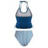 Stripe Halter Swimsuit Lace-up High Leg Peplum Tankini Swimwear - DEEP BLUE S