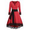 Guipure Insert Mock Button Belted High Low Dress - RED XXL
