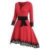 Guipure Insert Mock Button Belted High Low Dress - RED XXL