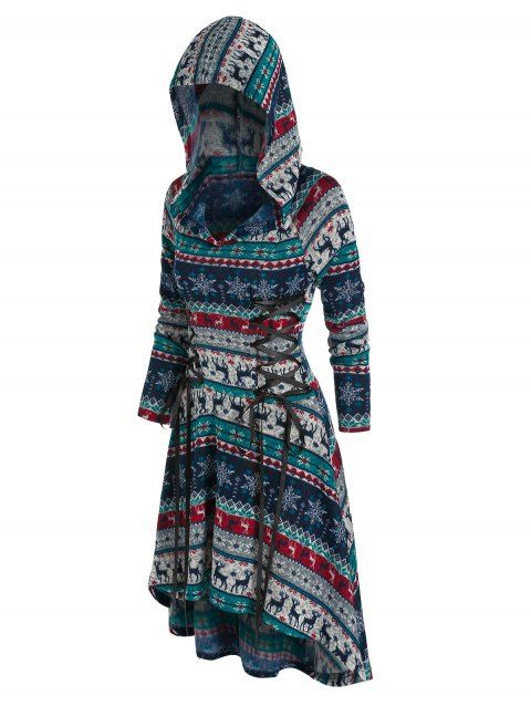 Christmas Elk Snowflake Pattern Hooded Lace-up High Low Dress