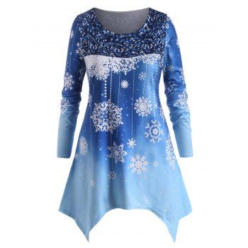 

Plus Size Christmas Snowflake Print Handkerchief T Shirt, Blue
